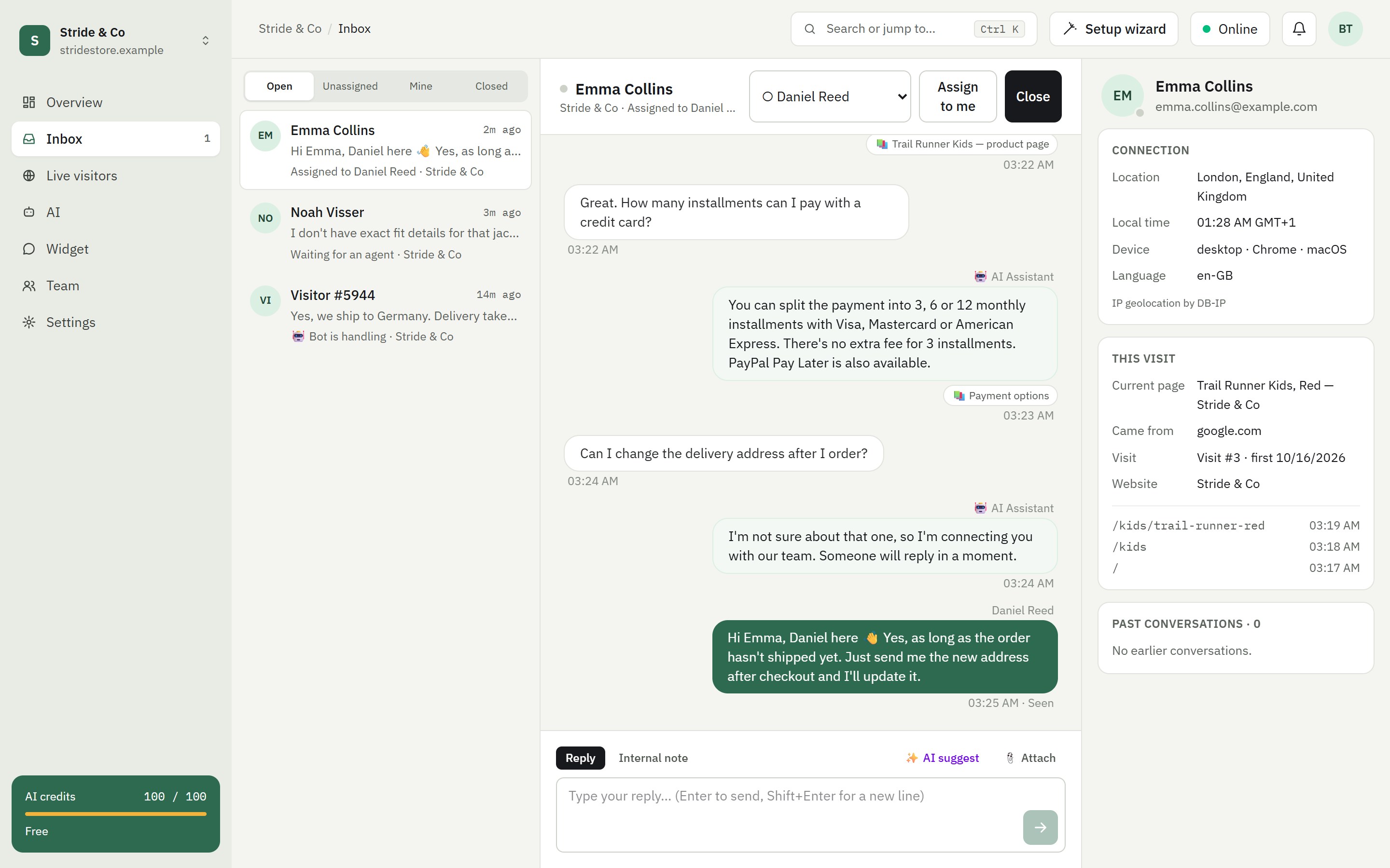 Inbox: conversation list on the left, AI answers with their sources and an agent taking over in the middle, the visitor's location and pages on the right