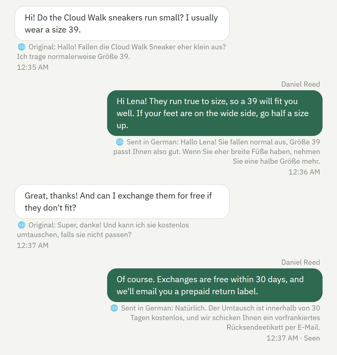 A chat with live translation on: the German-speaking customer's messages appear in English with the originals below, and under the agent's English replies the German translation that was sent
